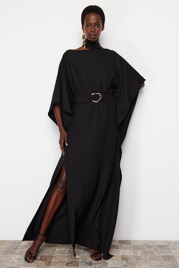 Trendyol Trendyol Black A-Cut Belt Detailed Long Woven Elegant Evening Dress