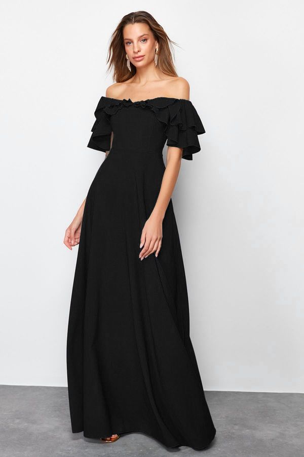 Trendyol Trendyol Black A-Cut Flounce Woven Long Evening Dress