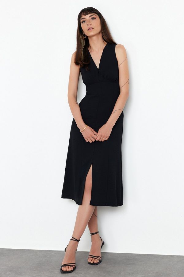 Trendyol Trendyol Black A-line V-neck Slit Detailed Midi Woven Dress