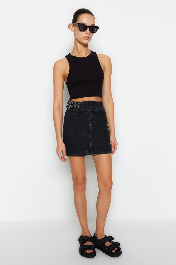 Trendyol Trendyol Black Accessory Detailed Mini Normal Waist Denim Skirt