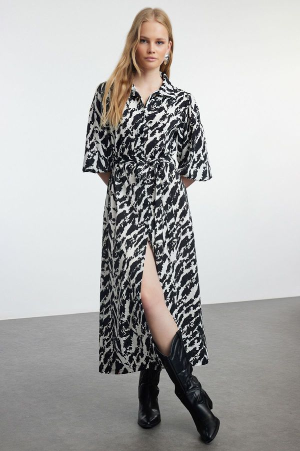 Trendyol Trendyol Black Animal Printed Belted Wrap/Textured Maxi Knitted Shirt Dress