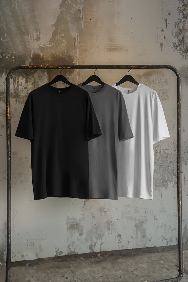 Trendyol Trendyol Black-Anthracite-Ecru Oversize 3-Pack Basic 100% Cotton T-Shirt
