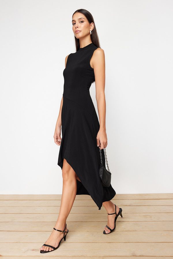 Trendyol Trendyol Black Asymmetric High Neck Zero Sleeve Flexible Knitted Midi Dress