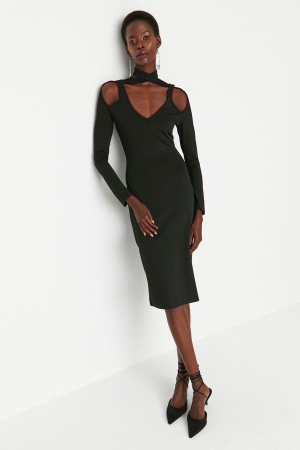 Trendyol Trendyol Black Asymmetrical Collar Detailed Knitted Evening Dress