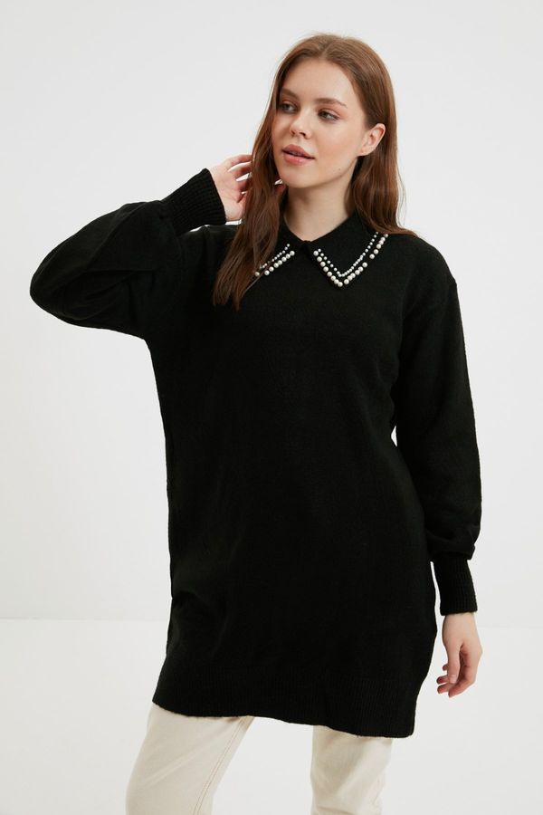 Trendyol Trendyol Black Baby Collar and Pearls Soft Knitwear Sweater