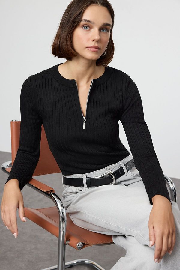 Trendyol Trendyol Black Basic Half Placket Zipper Thin Knit Sweater