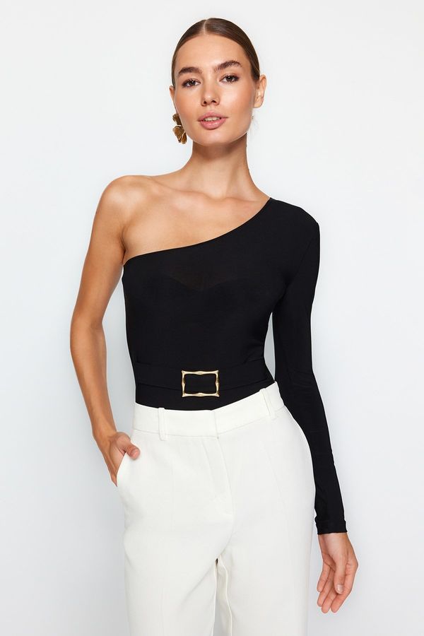 Trendyol Trendyol Black Belt Detail One-Shoulder Fitted/Situated Elastic Knitted Body with Snap Snaps