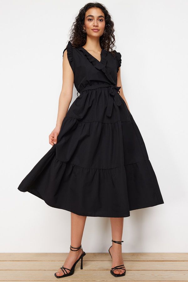 Trendyol Trendyol Black Belted A-line Double-breasted Collar Midi Woven Dress