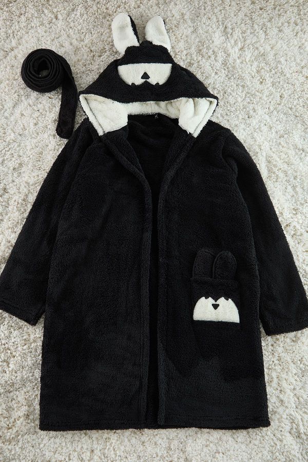 Trendyol Trendyol Black Belted Animal Figured Hooded Wellsoft Knitted Dressing Gown with Pockets