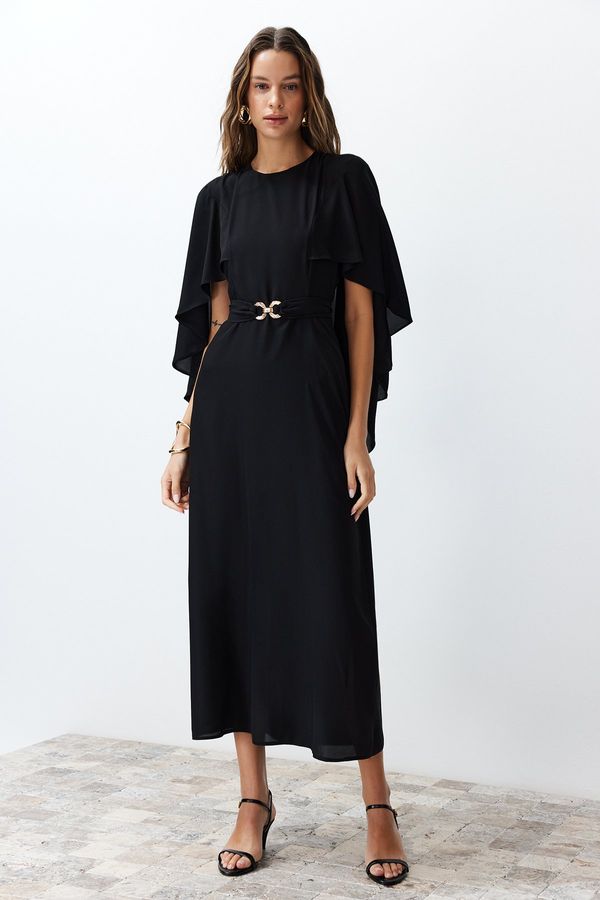 Trendyol Trendyol Black Belted Cape Detailed Elegant Woven Evening Dress