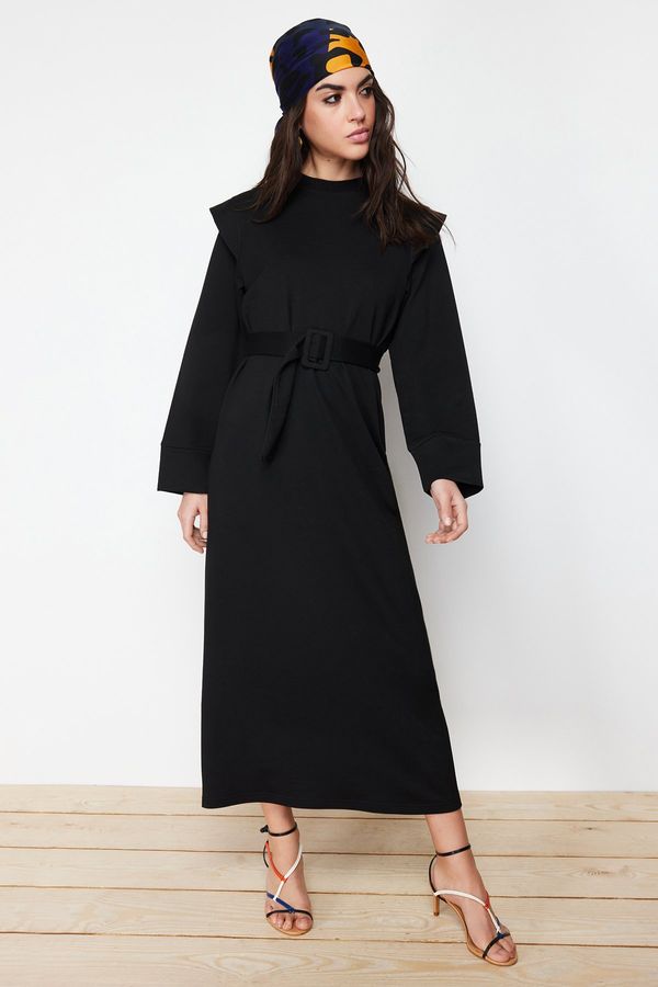 Trendyol Trendyol Black Belted Knitted Dress with Shoulder Detail