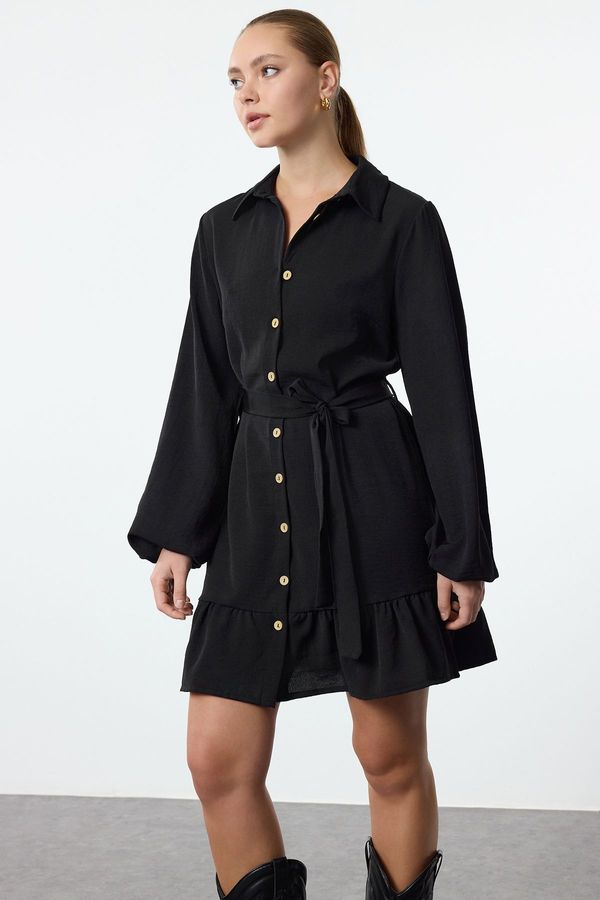 Trendyol Trendyol Black Belted Mini Flounce Detailed Woven Shirt Dress