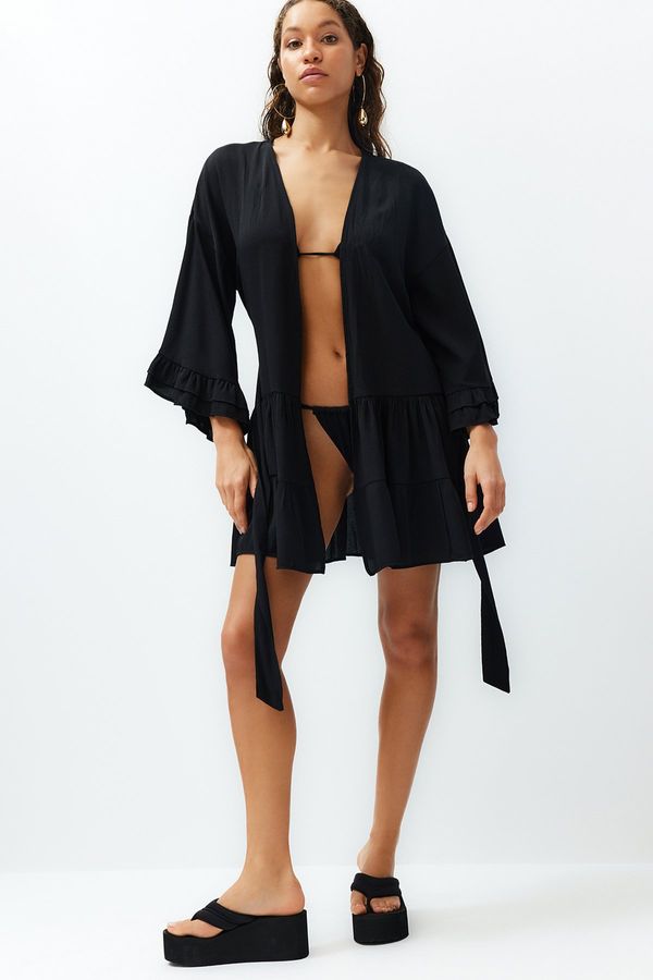 Trendyol Trendyol Black Belted Mini Woven Frilly Kimono & Kaftan