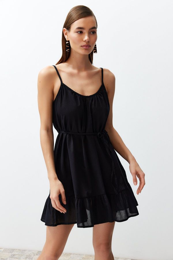 Trendyol Trendyol Black Belted Mini Woven Ruffle Beach Dress