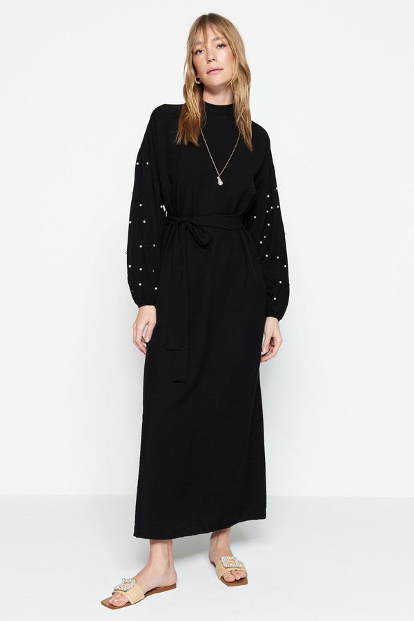 Trendyol Trendyol Black Belted Pearl and Stone Detailed Woven Dress