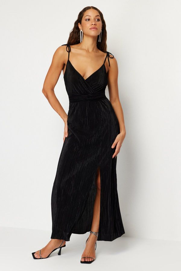 Trendyol Trendyol Black Belted Waist Opening/Skater Knitted Lined Pleated Elegant Evening Dress
