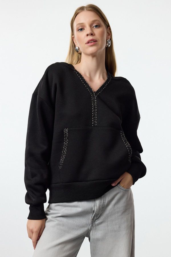 Trendyol Trendyol Black Black Accessory Detailed Hooded Relaxed/Comfortable Fit Knitted Sweatshirt