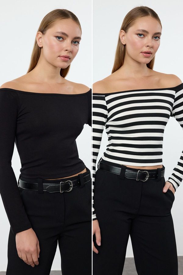 Trendyol Trendyol Black-Black Striped Soft Touch/Soft Fabric Fitted Stretchy Knitted Blouse