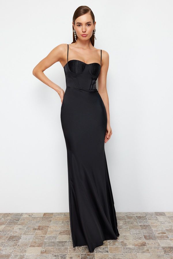 Trendyol Trendyol Black Body-fitting Woven Corset Detailed Satin Long Evening Evening Dress