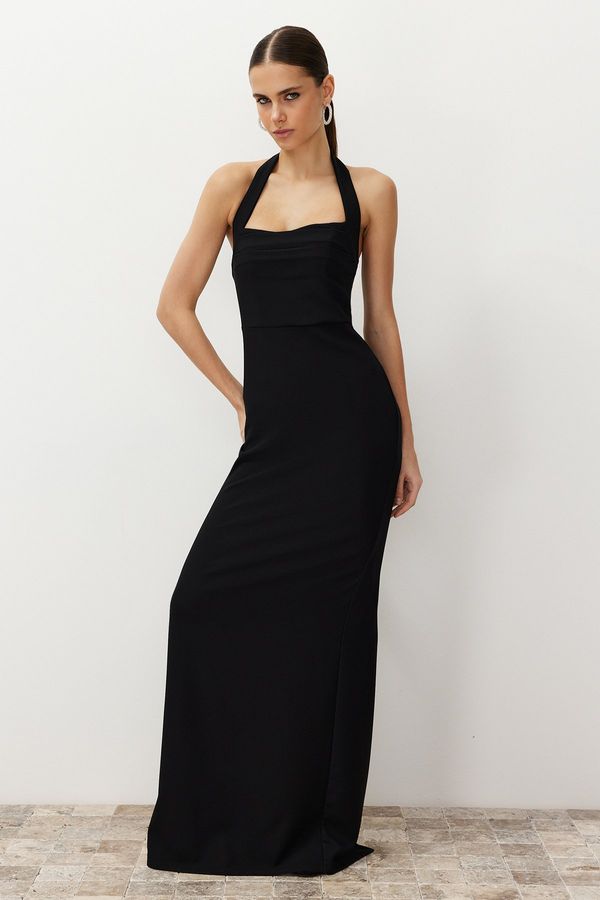 Trendyol Trendyol Black Body-fitting Woven Turndown Collar Long Evening Evening Dress
