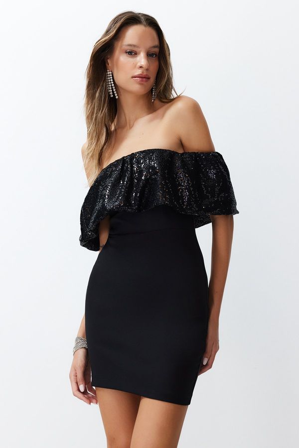 Trendyol Trendyol Black Body-Sitting Woven Glitter Stylish Evening Dress