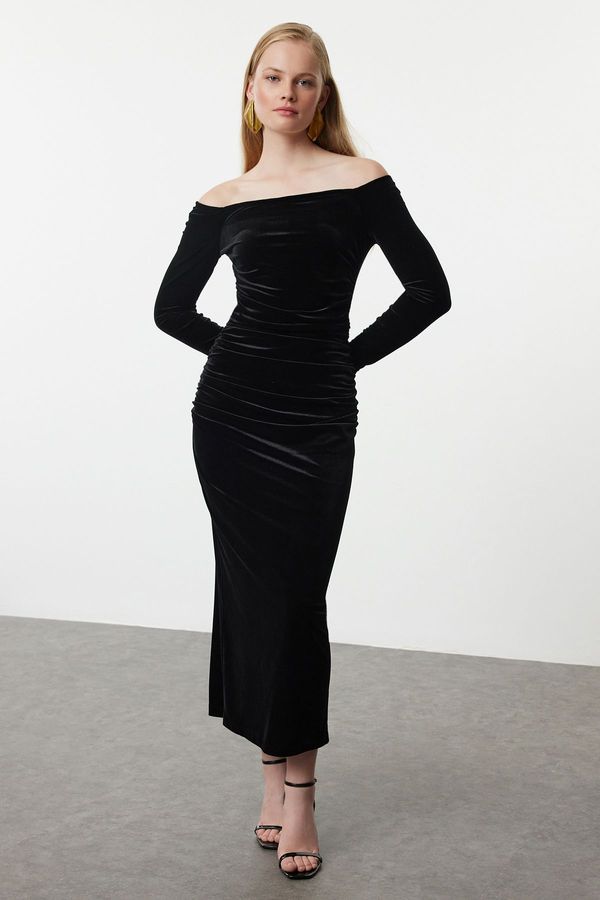 Trendyol Trendyol Black Bodycon Knitted Velvet Midi Dress