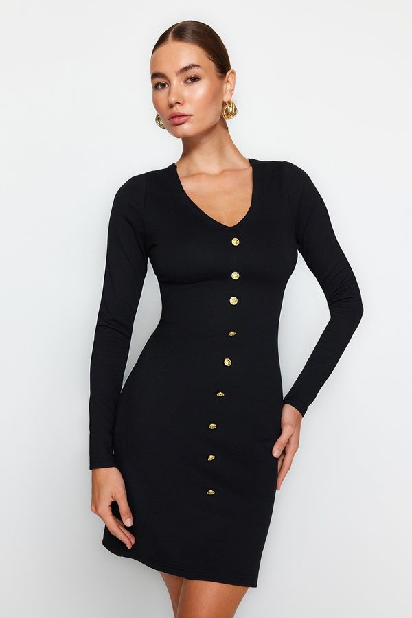 Trendyol Trendyol Black Button Detail Bodycone/Fitting V-neck Interlock Mini Knitted Pencil Dress