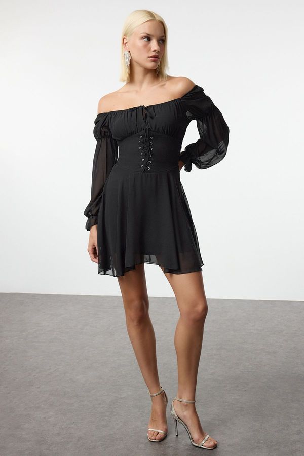 Trendyol Trendyol Black Carmen Collar Lined Chiffon Short Dress