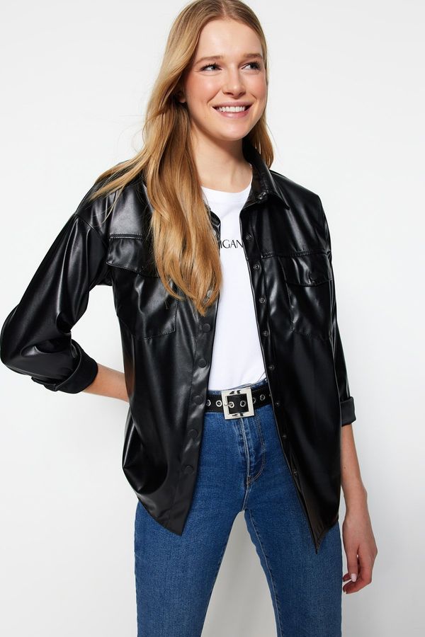 Trendyol Trendyol Black Casual Fit Faux Leather Shirt With Pocket