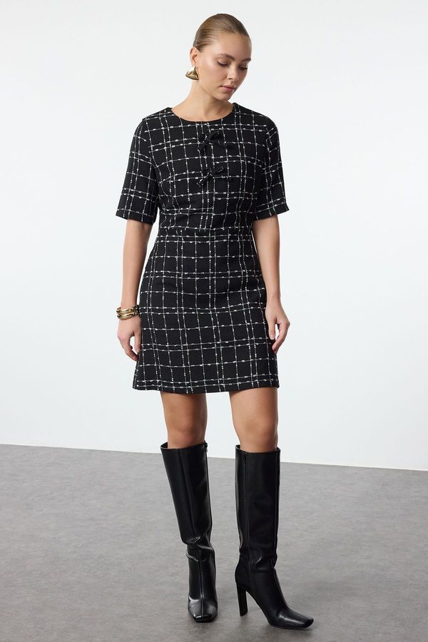 Trendyol Trendyol Black Checkered A-Line Bow Detailed Mini Woven Tweed Dress