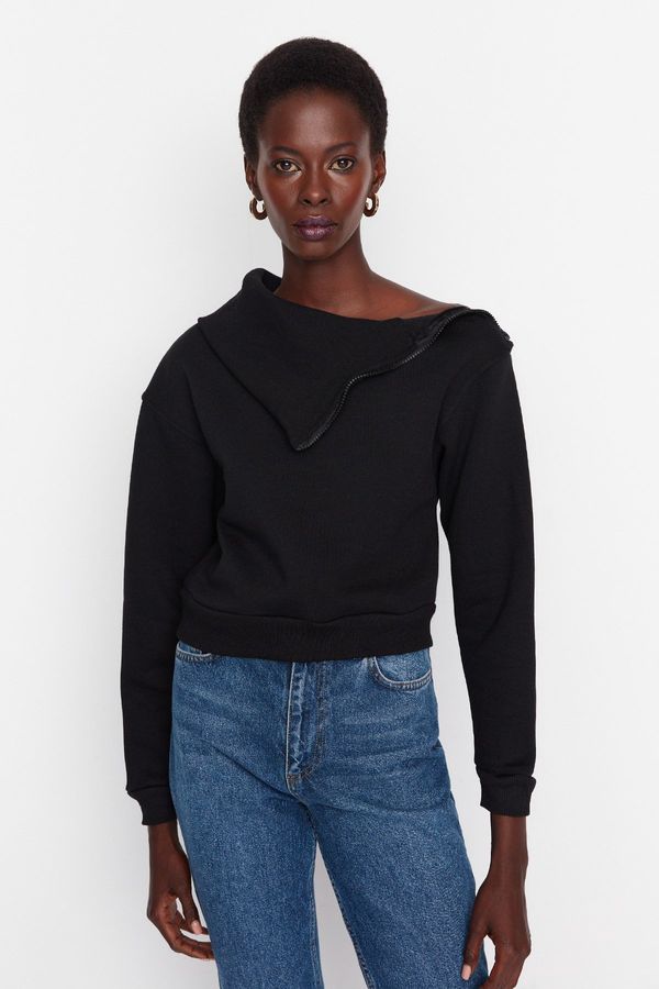 Trendyol Trendyol Black Collar with Rib and Zipper Detail, Fleece Inside, Knitted Sweatshirt