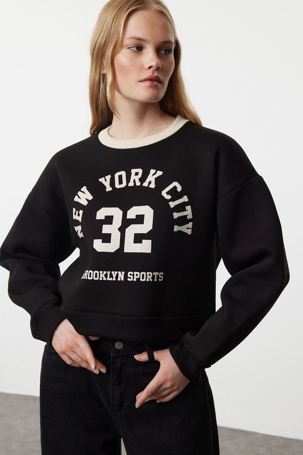 Trendyol Trendyol Black Color Blocked Slogan Oversize Crop Thick Inside Fleece Knitted Sweatshirt