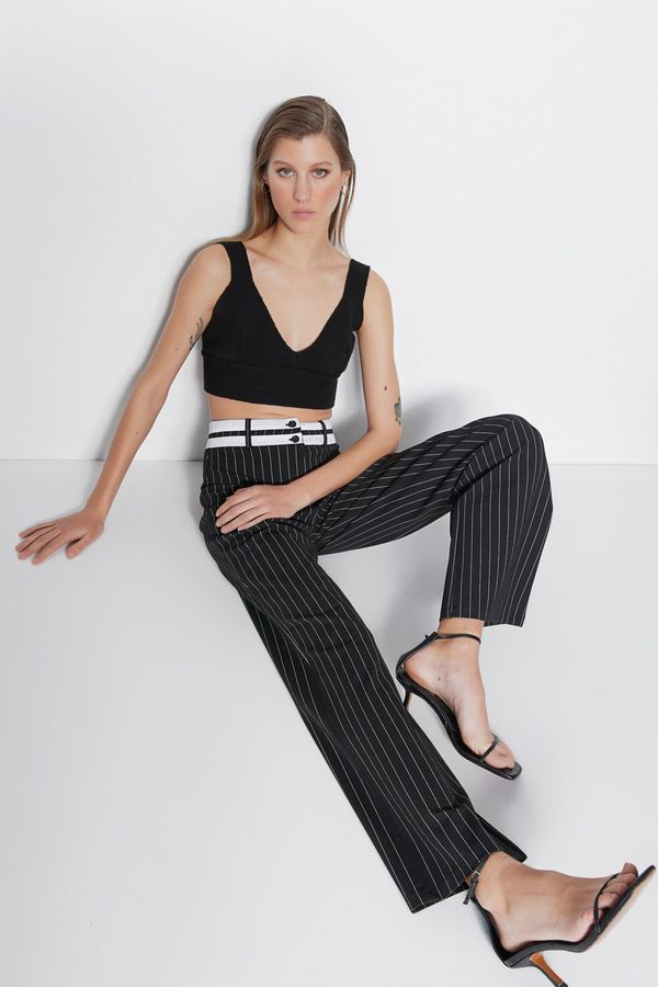 Trendyol Trendyol Black Contrast Waist Striped Smart Comfortable Cut Knitted Trousers