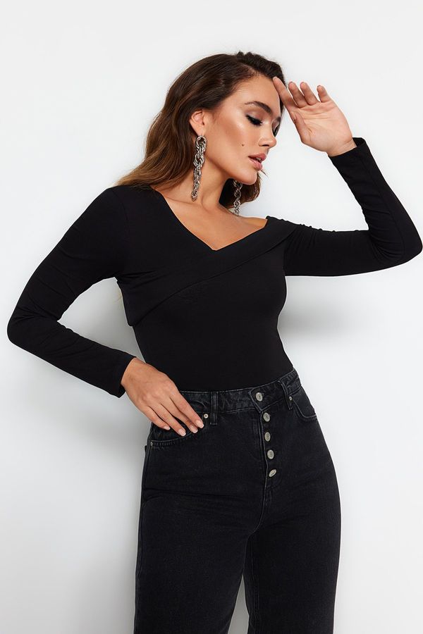 Trendyol Trendyol Black Cotton Stretch Flounce Fitted Crop Knitted Blouse