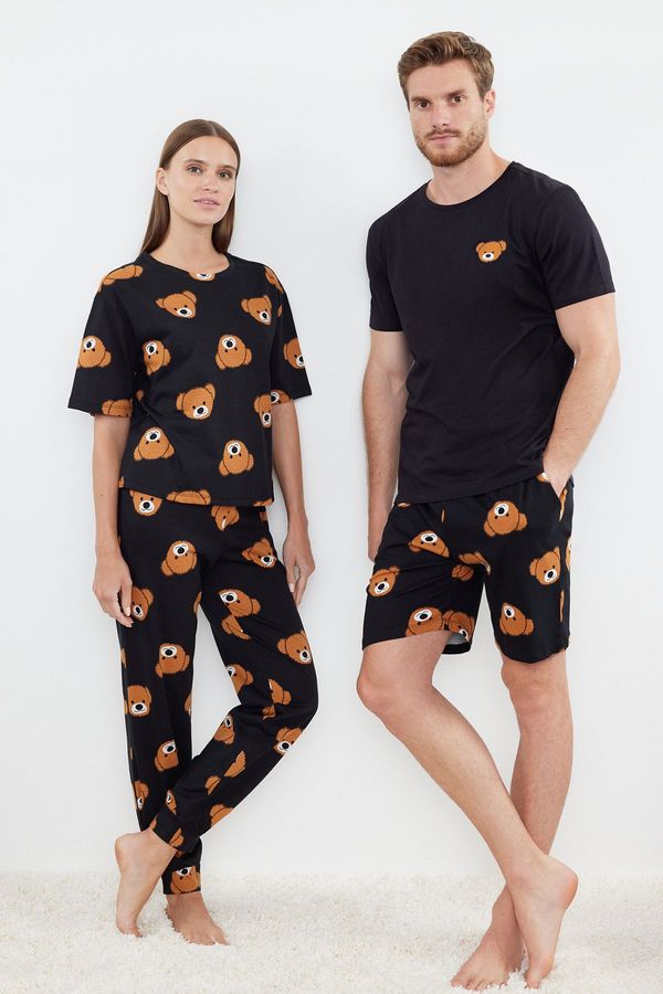 Trendyol Trendyol Black Couple Regular Fit Teddy Bear Patterned Pajama Set with Shorts