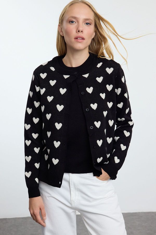 Trendyol Trendyol Black Crew Neck Heart Detailed Knitwear Cardigan