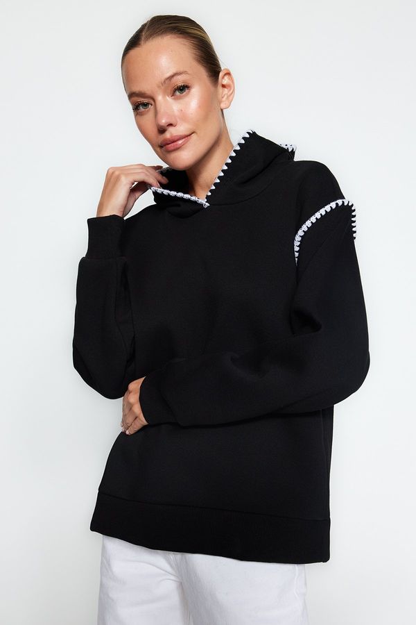 Trendyol Trendyol Black Crochet Detail Hooded Thick Fleece Inner Knitted Sweatshirt