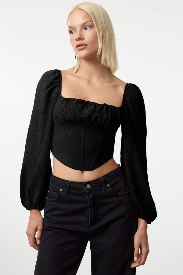 Trendyol Trendyol Black Crop Corset Detailed Woven Blouse