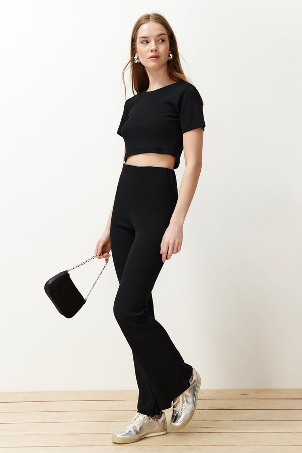 Trendyol Trendyol Black Crop Crew Neck Ribbed Stretchy Knitted Blouse and Pants Top and Bottom Set