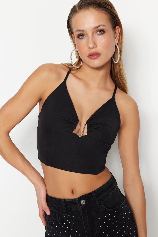 Trendyol Trendyol Black Crop Lined Bustier with Woven Accessories and Window/Cut Out Detail