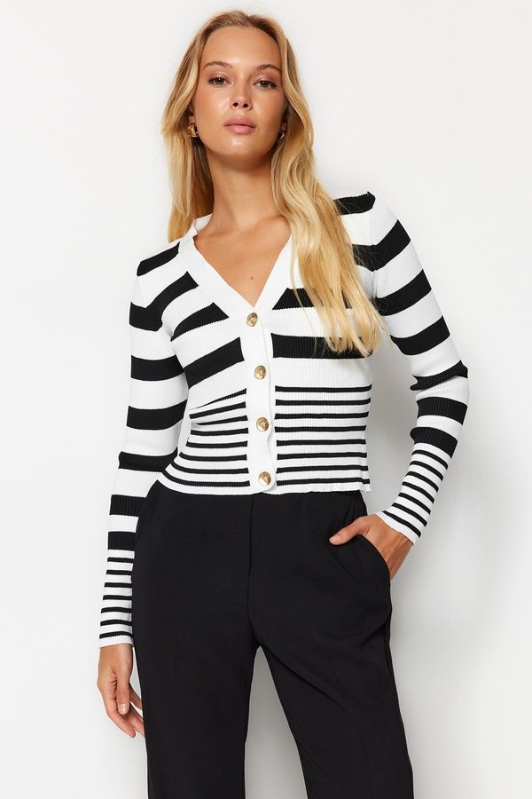 Trendyol Trendyol Black Crop Striped Premium Knitwear Cardigan