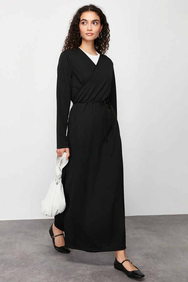 Trendyol Trendyol Black Double-breasted Collar Belted Plain Knitted Prayer Dress