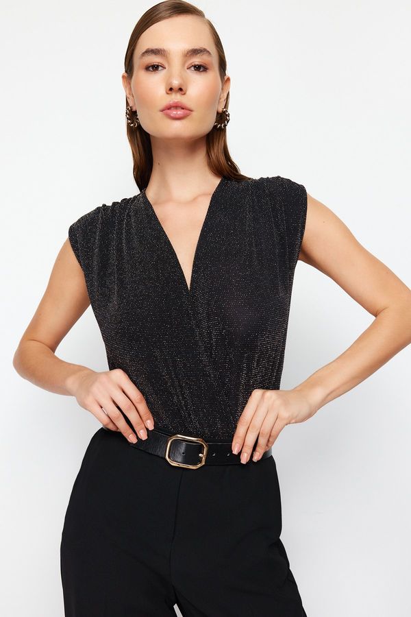 Trendyol Trendyol Black Double Breasted Knitted Shiny Snaps Silvery Knitted Bodysuit