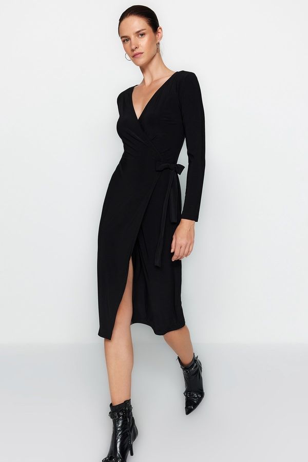 Trendyol Trendyol Black Double Breasted Neck Belted Fitted Midi Knit Dress