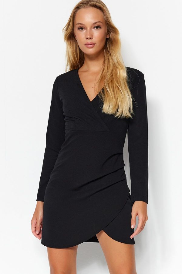 Trendyol Trendyol Black Double Breasted Neck Fitted Mini Knitted Dress