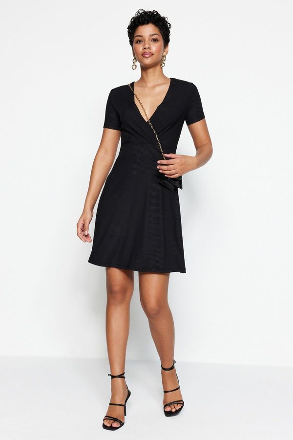Trendyol Trendyol Black Double Breasted Neck Mini Stretch Knitted Dress