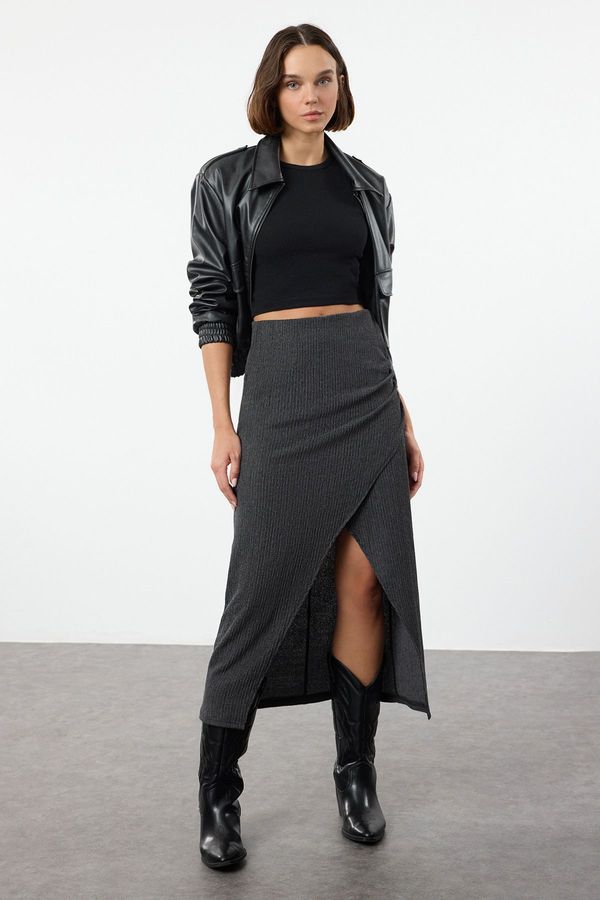 Trendyol Trendyol Black Double Breasted Textured Gathered/Draped Detailed Midi Skirt