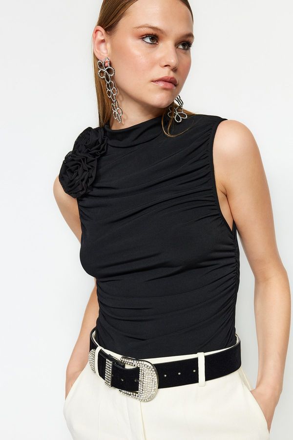 Trendyol Trendyol Black Draped Rose Detailed Knitted Blouse