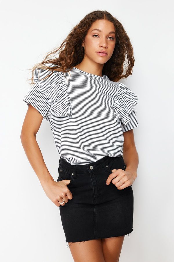 Trendyol Trendyol Black Ecru Striped Ruffle Detailed Regular/Normal Fit Knitted T-Shirt