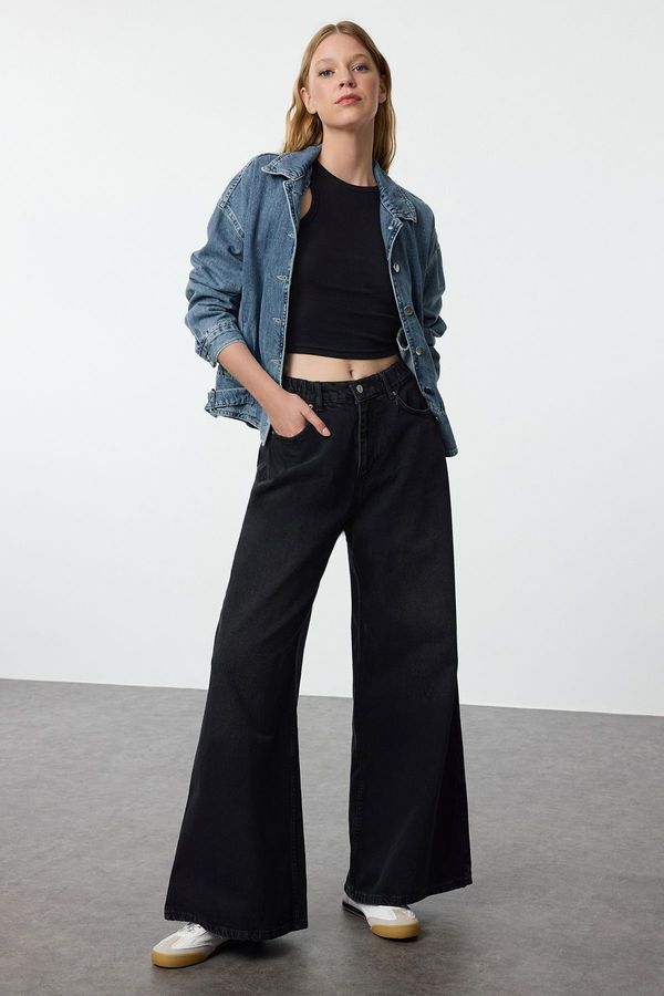 Trendyol Trendyol Black Elastic Waist High Waist Extra Wide Leg Jeans